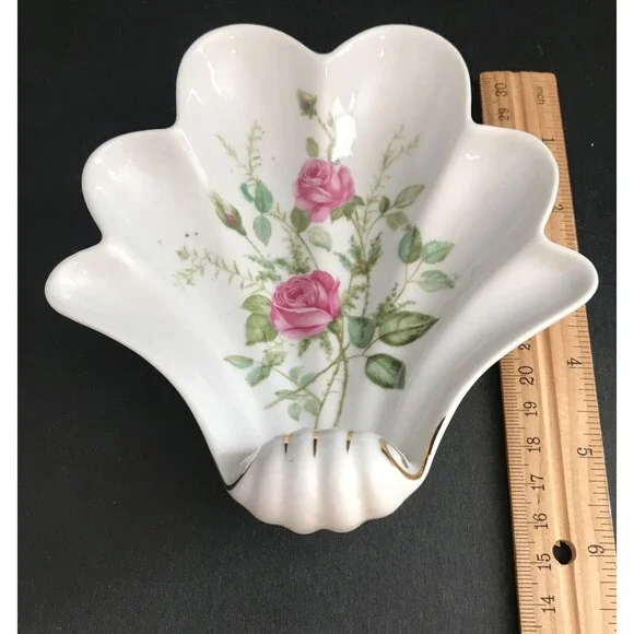 Vintage Mitterteich Porcelain Shell Dish Pink Roses Gold Trim Trinket Candy Dish - Picture 2 of 5